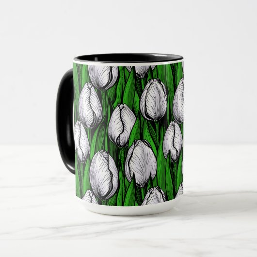 Mug Tulières blanches avec feuilles verts (Devant gauche)