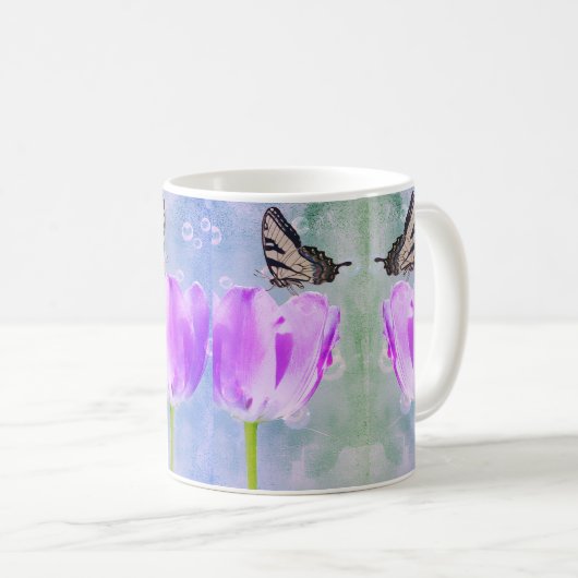 Mug Tulipes violettes et roses avec papillons - Floral (Devant droit)