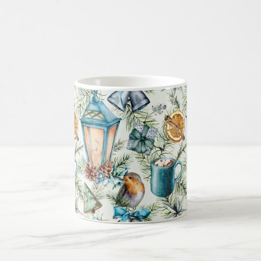 Mug Turquoise Aquarelle Éléments de Noël Motif (Centre)