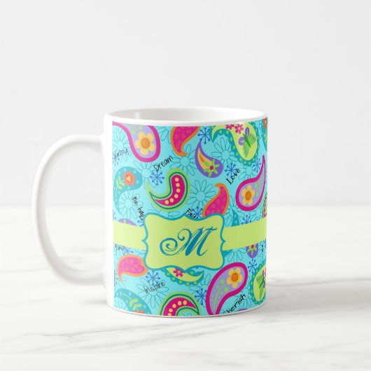 Mug Turquoise Bleu Vert Moderne Paisley Monogramme (Gauche)