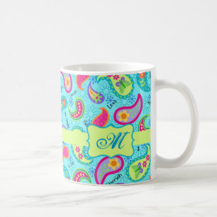 Mug Turquoise Bleu Vert Moderne Paisley Monogramme