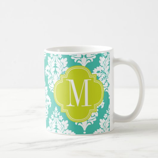 Mug Turquoise élégante de damassé et monogramme fait (Droite)