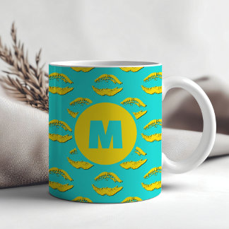 Mug Turquoise & Yellow XOXO Kissing Lips Personalized