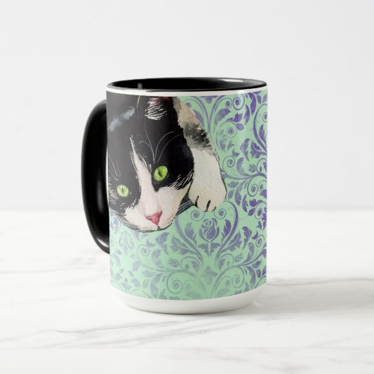 Mug Tuxedo Cat & Black Cat on Damask Imprimer (Devant gauche)