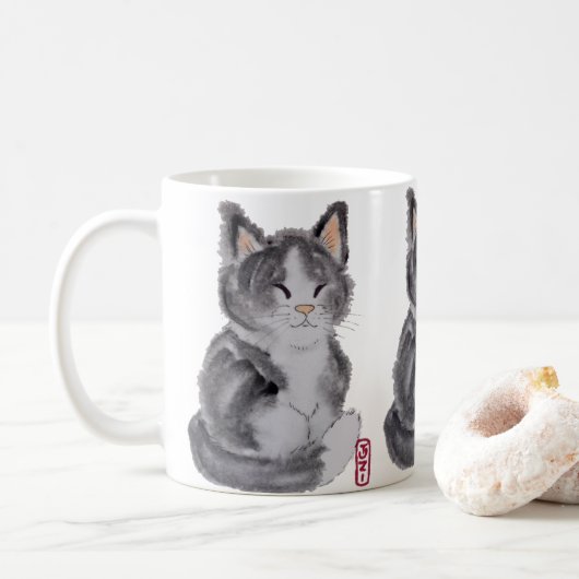 Mug Tuxedo Chat Noir Blanc Kitten Aquarelle Élégante (Avec donut)
