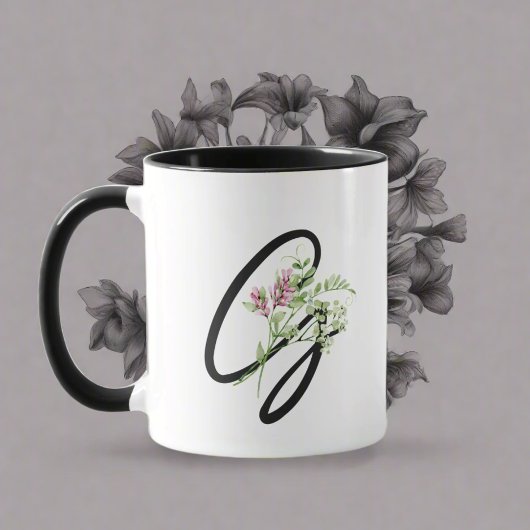 Mug Typographie de Monogramme noir "G" Fleurs élégante