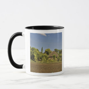 Mug Un champ cultivé devant des maisons à toit de chau