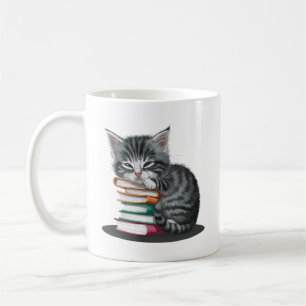 Mug Un chaton endormi, bercé d'une pile de livres.