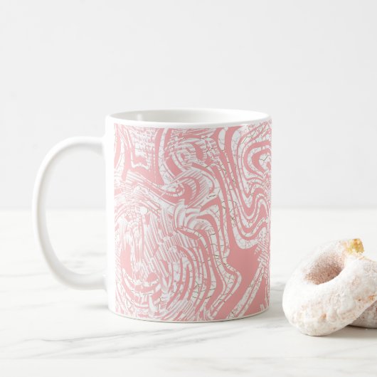 Mug un design abstrait rose et blanc sur un fond blanc (Avec donut)