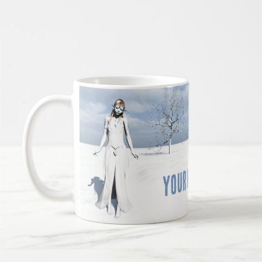 Mug Un elfe féminin marchant dans la neige. Texte pers (Gauche)