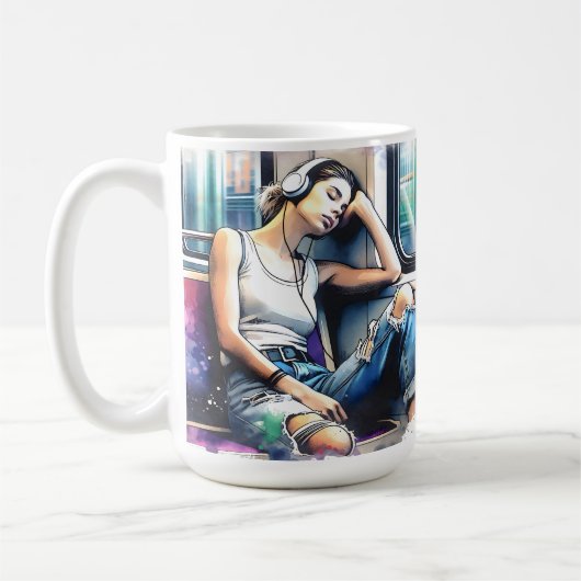 Mug Une femme qui dort dans le métro à écouter de la m (Gauche)