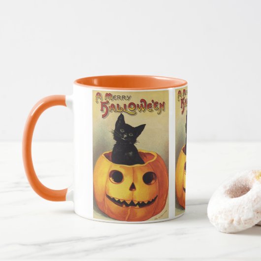 Mug Une joyeuse Halloween par Ellen Clapsaddle, Chat V (Avec donut)
