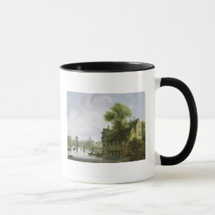 Mug Une ville sur une rivière avec un pont