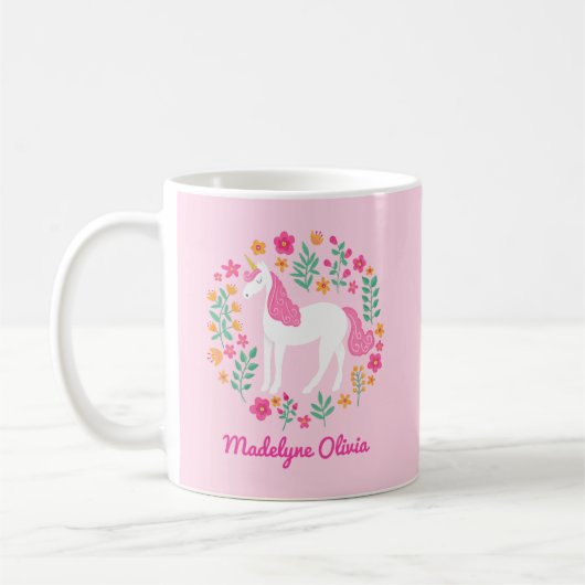 Mug Unicorn Flowers Cute Pink Personalized (Gauche)