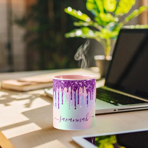 Mug Unicorn glitter rainbow pink monogram holographiqu