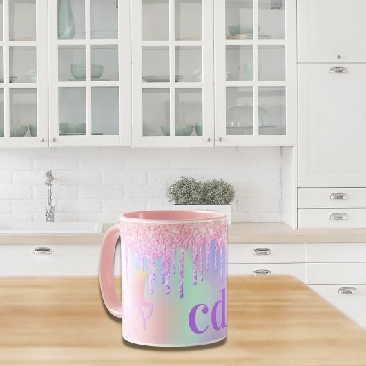Mug Unicorn glitter rainbow pink monogram holographiqu