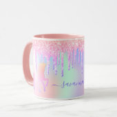 Mug Unicorn rose nom holographique gouttes (Devant gauche)