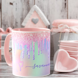 Mug Unicorn rose nom holographique gouttes