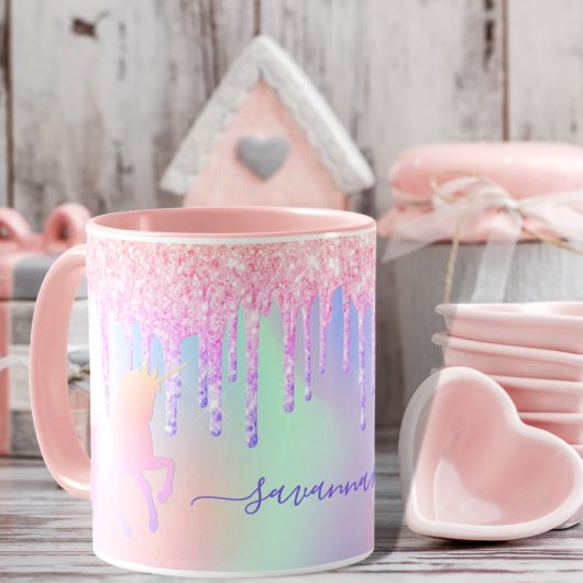 Mug Unicorn rose nom holographique gouttes