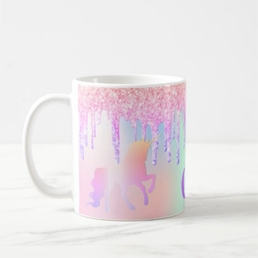 Mug Unicorn rose parties scintillant monogramme hologr (Gauche)