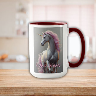 Mug Unicorne blanche personnalisée avec Mane rose