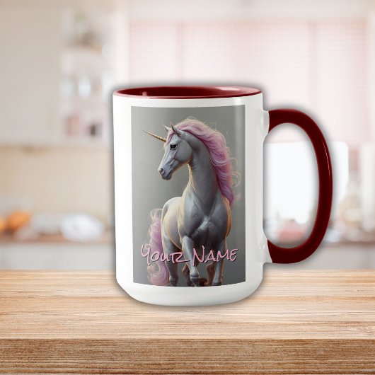 Mug Unicorne blanche personnalisée avec Mane rose