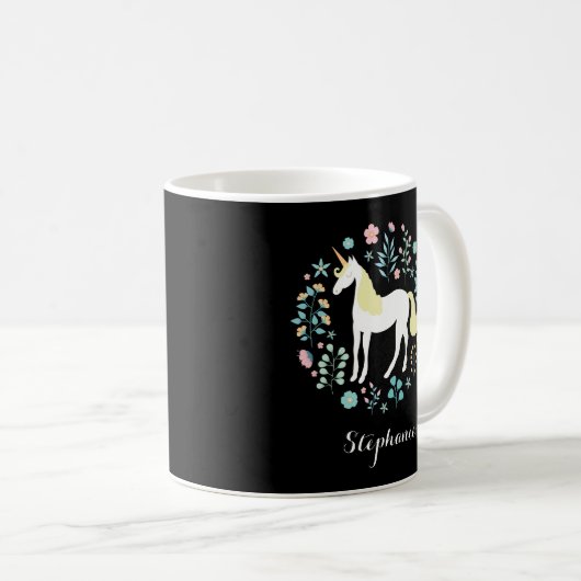 Mug Unicorne & Fleurs Noir Personnalisé (Devant droit)