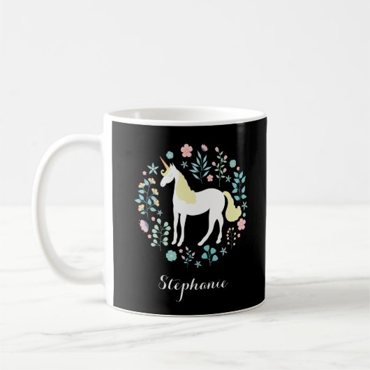 Mug Unicorne & Fleurs Noir Personnalisé (Gauche)