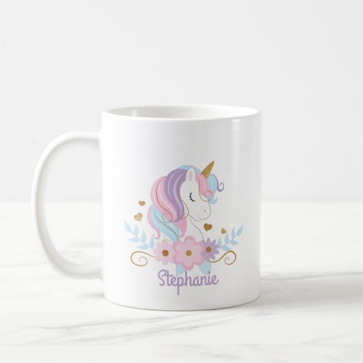 Mug Unicorne florale Nom personnalisé mignon (Gauche)