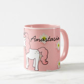 Mug Unicorne rose doux, Fleurs et votre nom (Devant droit)