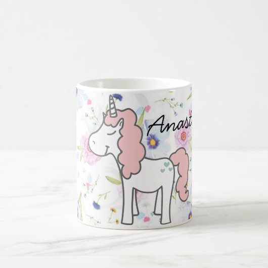 Mug Unicorne rose doux, Fleurs et votre nom (Centre)