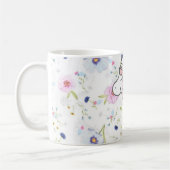 Mug Unicorne rose doux, Fleurs et votre nom (Gauche)