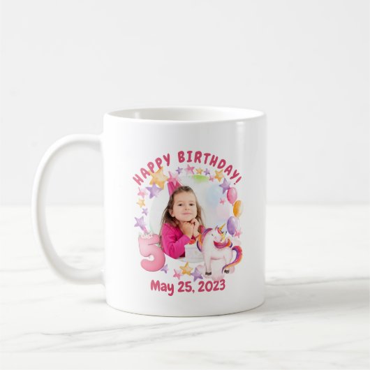 Mug Unicorne rose personnalisée fille 5e anniversaire (Gauche)