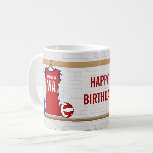 Mug Uniforme de Custom Netball Red with Blue and White (Devant gauche)