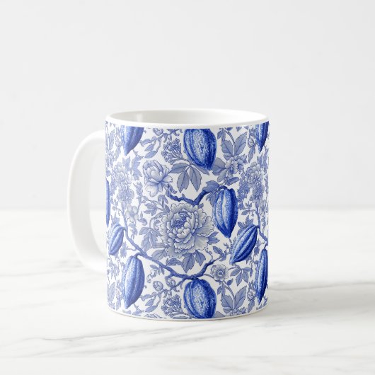 Mug Unique Blue Toile Cocoa Chic Botanical Pattern (Devant gauche)