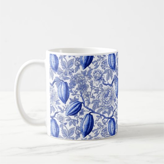 Mug Unique Blue Toile Cocoa Chic Botanical Pattern (Gauche)