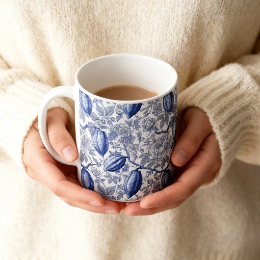 Mug Unique Blue Toile Cocoa Chic Botanical Pattern