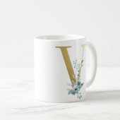 Mug V initial doré avec feuillage floral bleu (Devant droit)