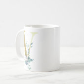 Mug V initial doré avec feuillage floral bleu (Devant gauche)