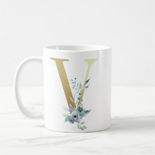 Mug V initial doré avec feuillage floral bleu