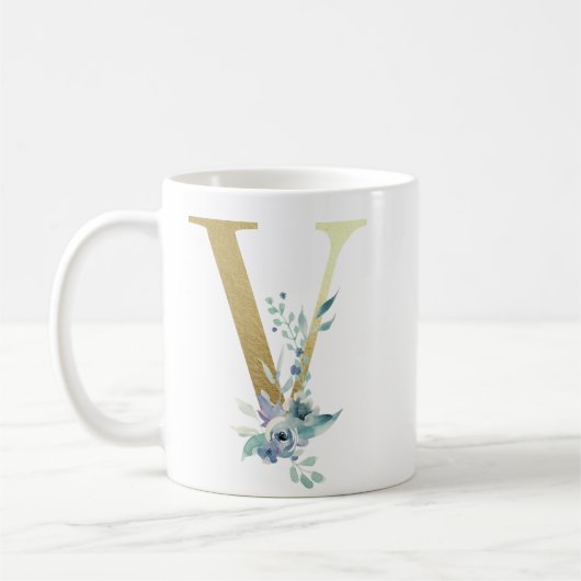Mug V initial doré avec feuillage floral bleu (Gauche)