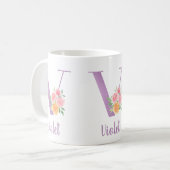 Mug V Monogramme Fleurs Aquarelle Personnalisé (Devant gauche)