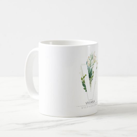 Mug V Monogramme Gold Green Feuilles Nom élégant (Devant gauche)