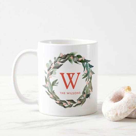 Mug Vacances de Noël Monogram Green Wreath (Avec donut)