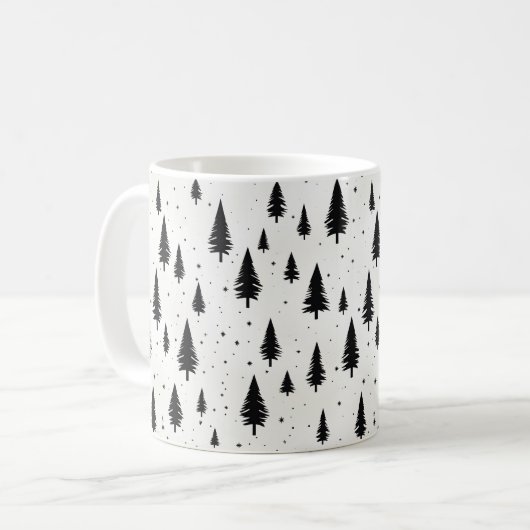 Mug Vacances d'hiver arbres de Noël noir et blanc (Devant gauche)