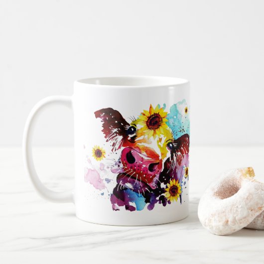 Mug Vache avec tournesol Aquarelle personnalisée (Avec donut)