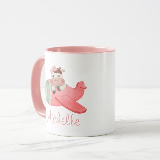 Mug Vache d'aquarelle mignonne en avion rouge, Personn (Devant gauche)