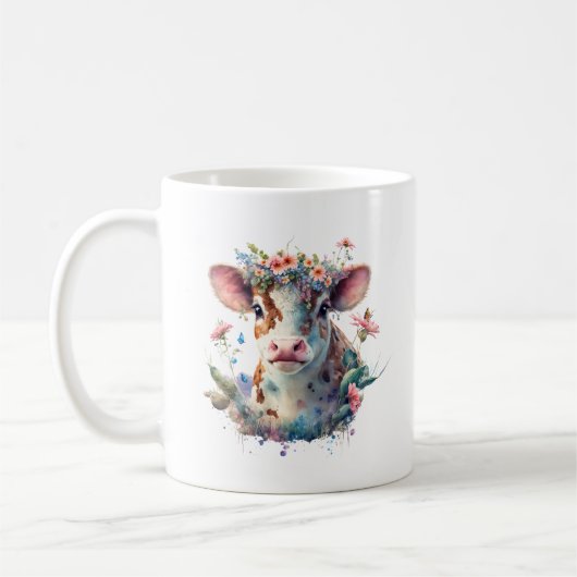 Mug Vache d'aquarelle rose florale avec couronne de fl (Gauche)