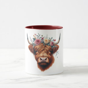 Mug Vache des hautes terres mignonne, florale/printani
