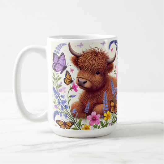 Mug Vache Highland aux fleurs et papillons (Gauche)